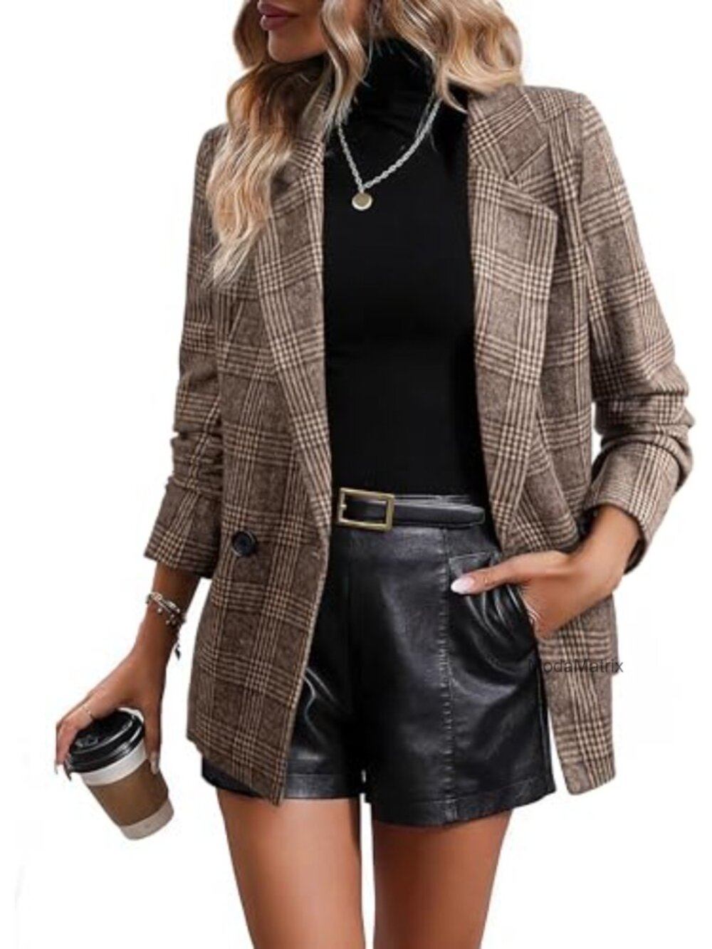 Women's Plaid Blazer Double Breasted Lapel Collar Long Sleeve Work Suit Jacket